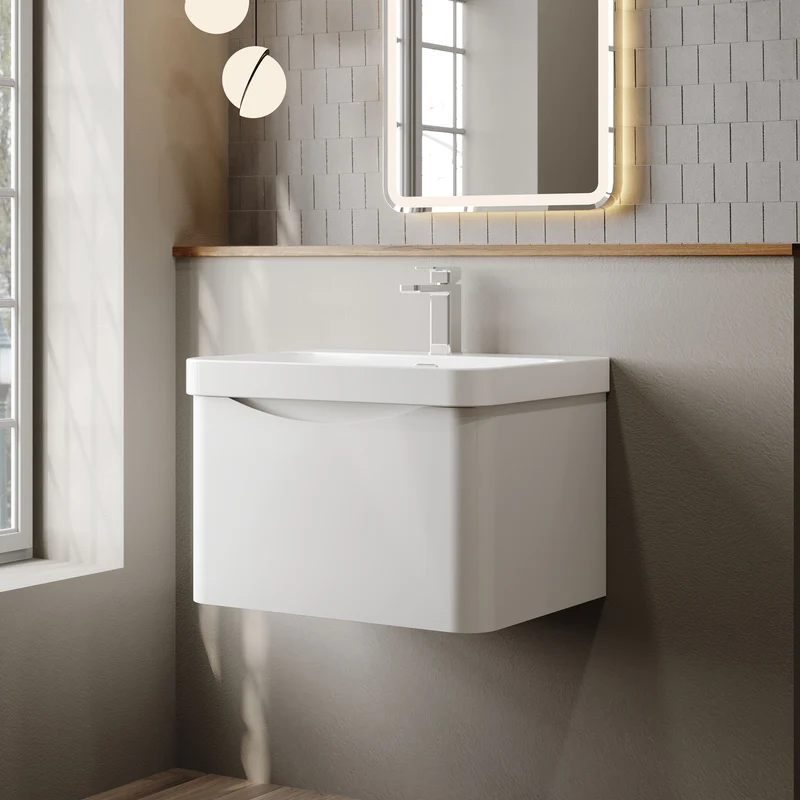 Lunar 600mm Wall Hung 1 Drawer Vanity & Thin Edge Ceramic Basin - White Satin