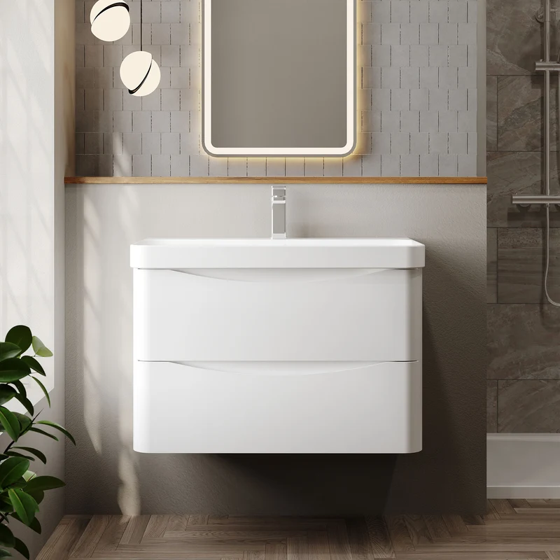 Lunar 800mm Wall Hung 2 Drawer Vanity & Thin Edge Ceramic Basin - White Satin
