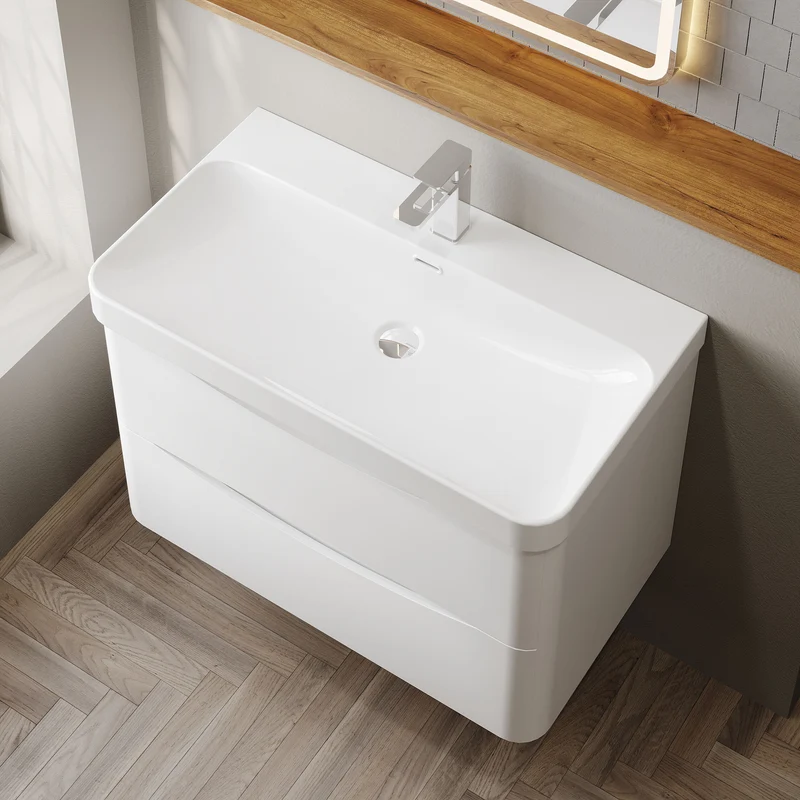 Lunar 800mm Wall Hung 2 Drawer Vanity & Thin Edge Ceramic Basin - White Satin