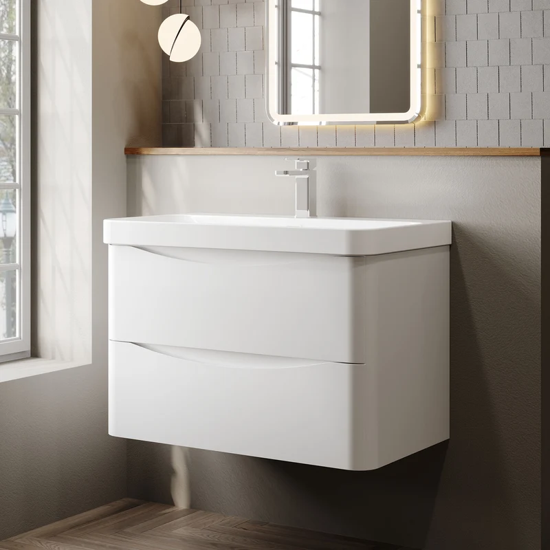 Lunar 800mm Wall Hung 2 Drawer Vanity & Thin Edge Ceramic Basin - White Satin