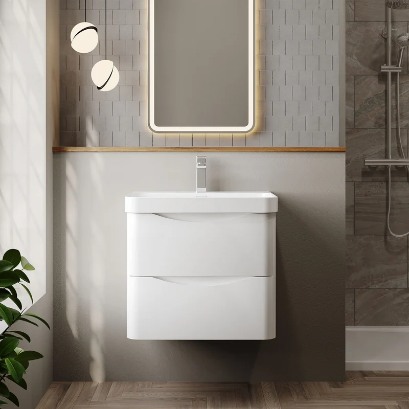 Lunar 600mm Wall Hung 2 Drawer Vanity & Thin Edge Ceramic Basin - White Satin