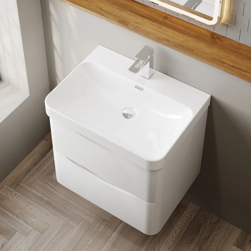 Lunar 600mm Wall Hung 2 Drawer Vanity & Thin Edge Ceramic Basin - White Satin