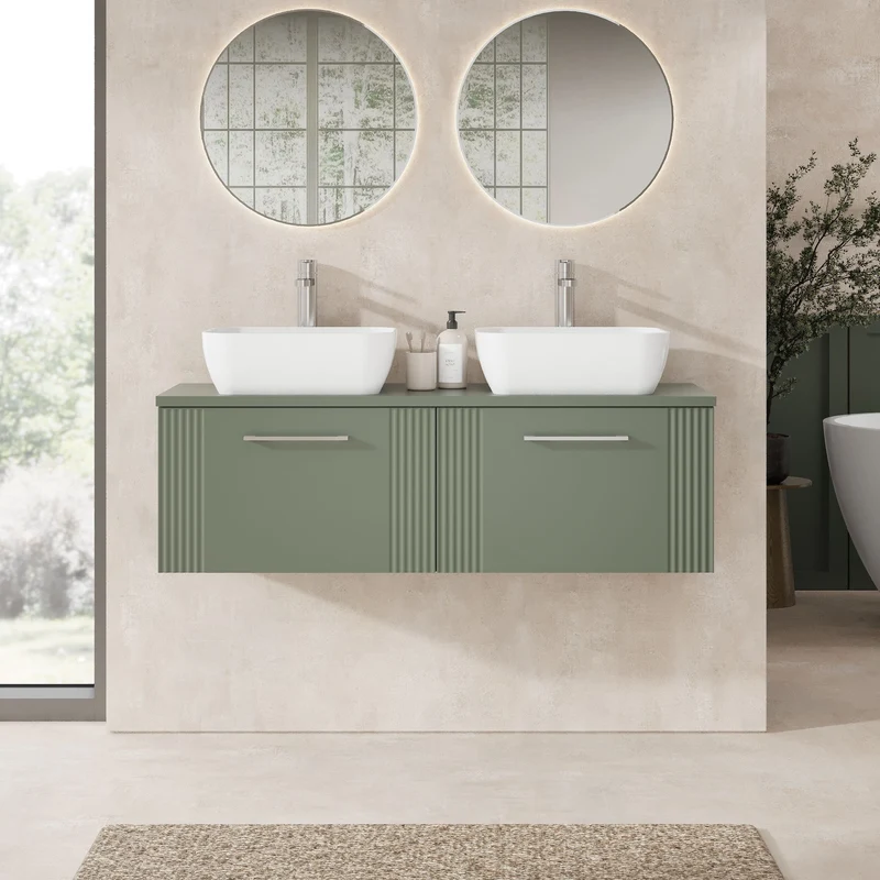 Deco 1200mm Wall Hung 2 Drawer Vanity Unit & Worktop - Green Satin