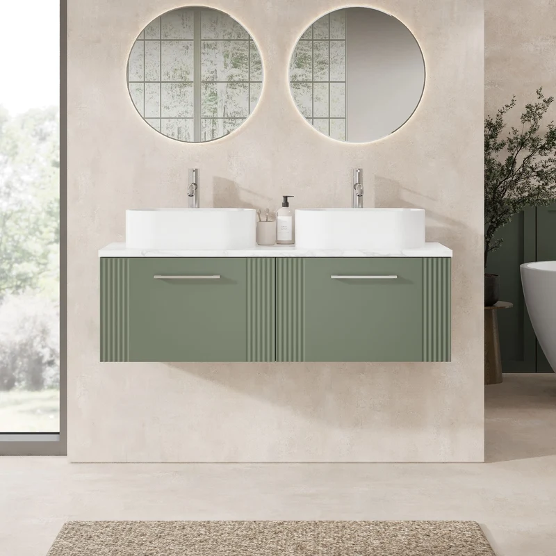 Deco 1200mm Wall Hung 2 Drawer Vanity Unit & Carrera Marble Laminate Worktop - Green Satin