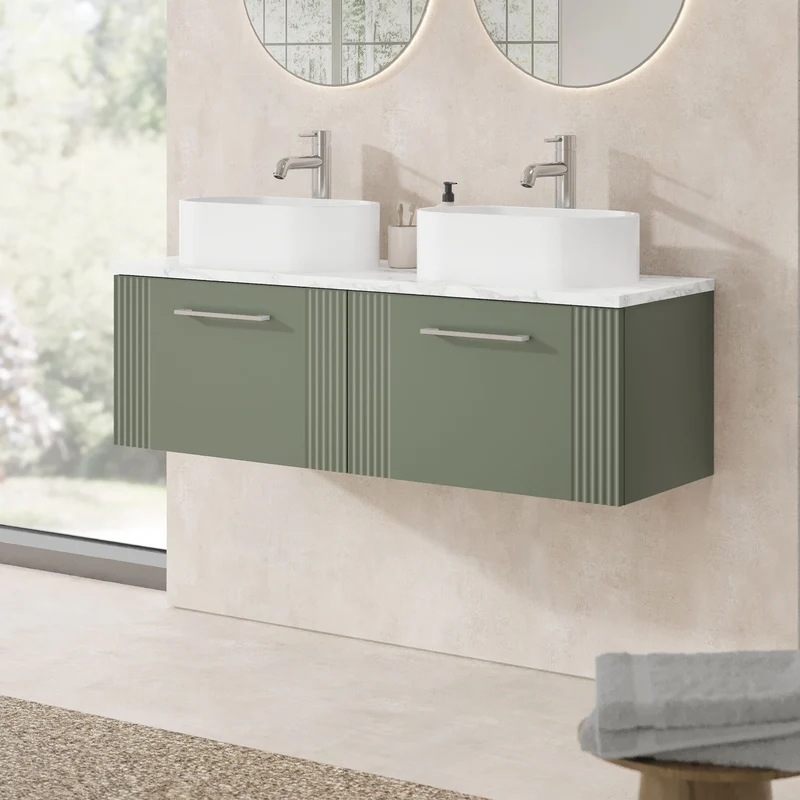 Deco 1200mm Wall Hung 2 Drawer Vanity Unit & Carrera Marble Laminate Worktop - Green Satin