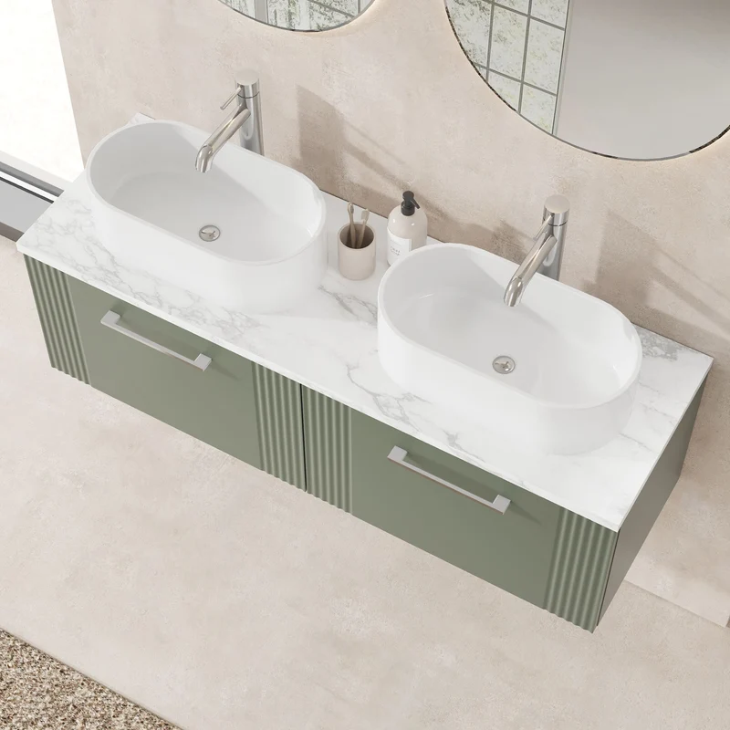 Deco 1200mm Wall Hung 2 Drawer Vanity Unit & Carrera Marble Laminate Worktop - Green Satin