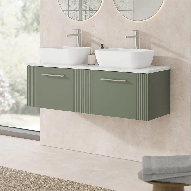 Deco 1200mm Wall Hung 2 Drawer Vanity Unit & Bellato Grey Laminate Worktop - Green Satin