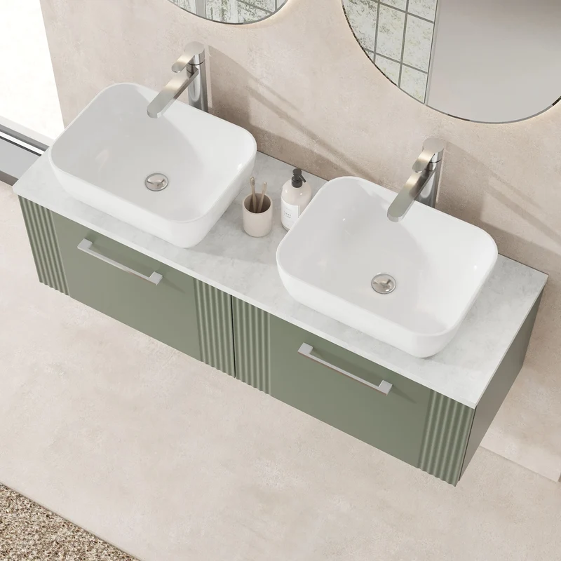 Deco 1200mm Wall Hung 2 Drawer Vanity Unit & Bellato Grey Laminate Worktop - Green Satin