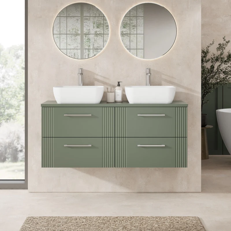 Deco 1200mm Wall Hung 4 Drawer Vanity Unit & Worktop - Green Satin