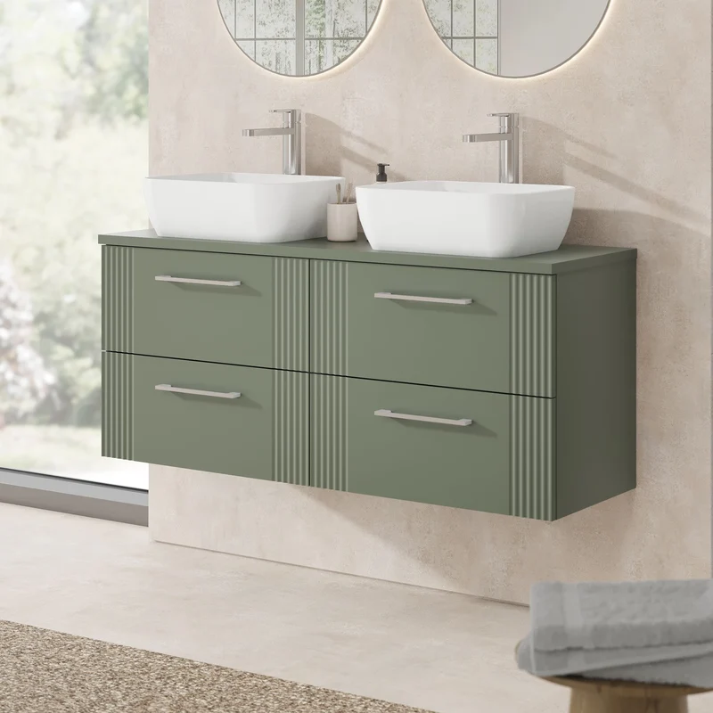 Deco 1200mm Wall Hung 4 Drawer Vanity Unit & Worktop - Green Satin