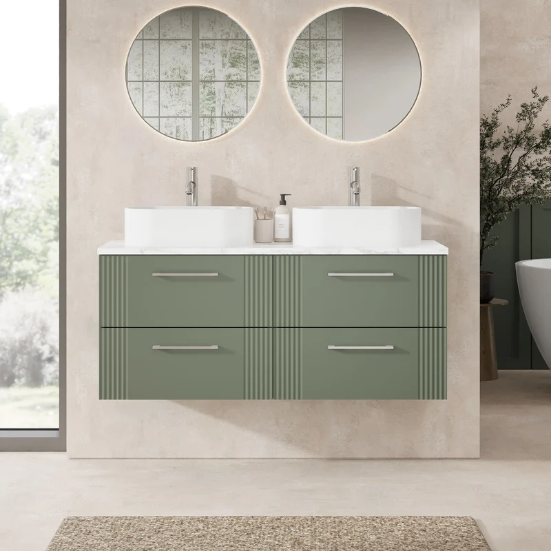 Deco 1200mm Wall Hung 4 Drawer Vanity Unit & Carrera Marble Laminate Worktop - Green Satin