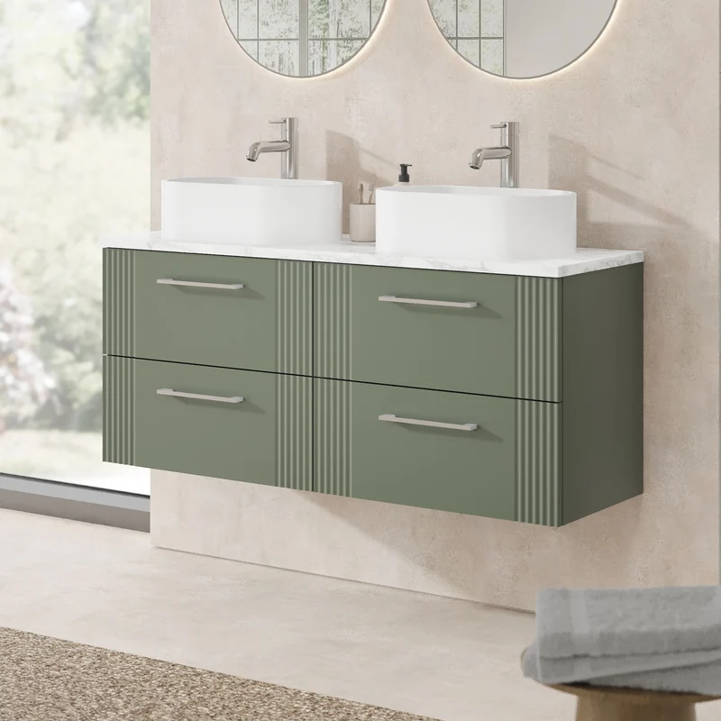 Deco 1200mm Wall Hung 4 Drawer Vanity Unit & Carrera Marble Laminate Worktop - Green Satin