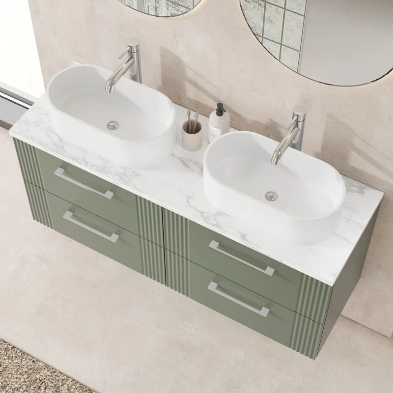 Deco 1200mm Wall Hung 4 Drawer Vanity Unit & Carrera Marble Laminate Worktop - Green Satin