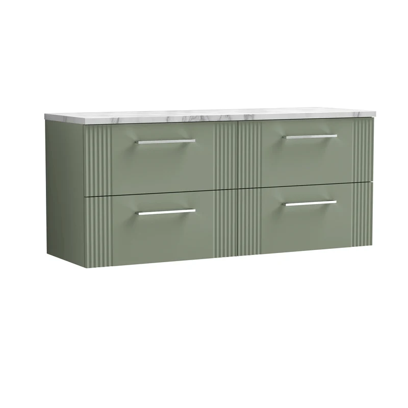 Deco 1200mm Wall Hung 4 Drawer Vanity Unit & Carrera Marble Laminate Worktop - Green Satin