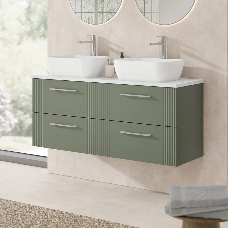 Deco 1200mm Wall Hung 4 Drawer Vanity Unit & Bellato Grey Laminate Worktop - Green Satin