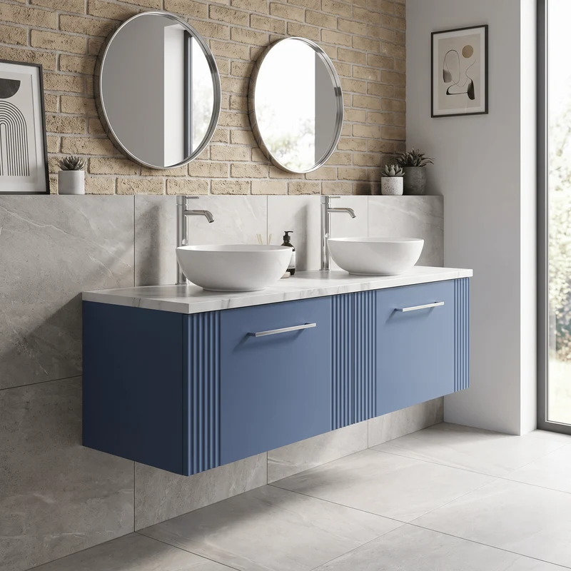 Deco 1200mm Wall Hung 2 Drawer Vanity Unit & Carrera Marble Laminate Worktop - Blue Satin