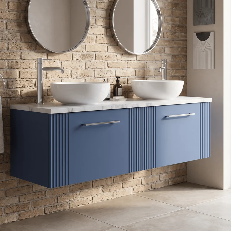 Deco 1200mm Wall Hung 2 Drawer Vanity Unit & Carrera Marble Laminate Worktop - Blue Satin