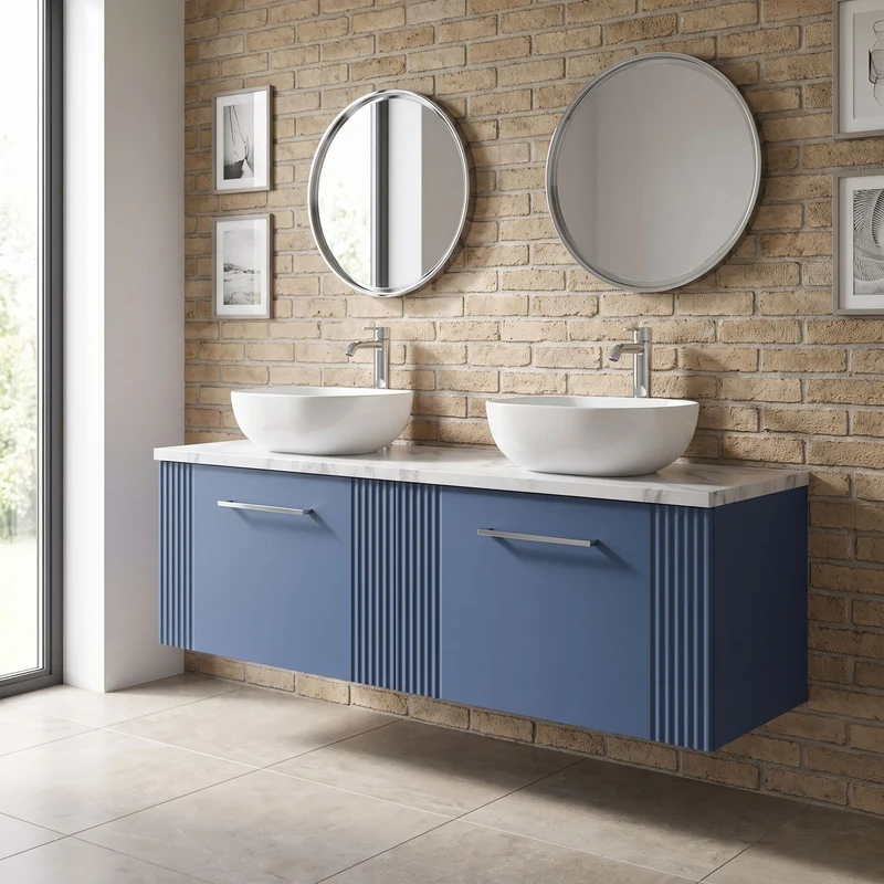 Deco 1200mm Wall Hung 2 Drawer Vanity Unit & Carrera Marble Laminate Worktop - Blue Satin