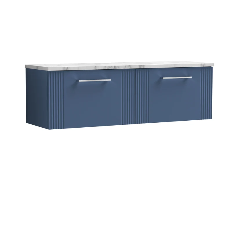 Deco 1200mm Wall Hung 2 Drawer Vanity Unit & Carrera Marble Laminate Worktop - Blue Satin