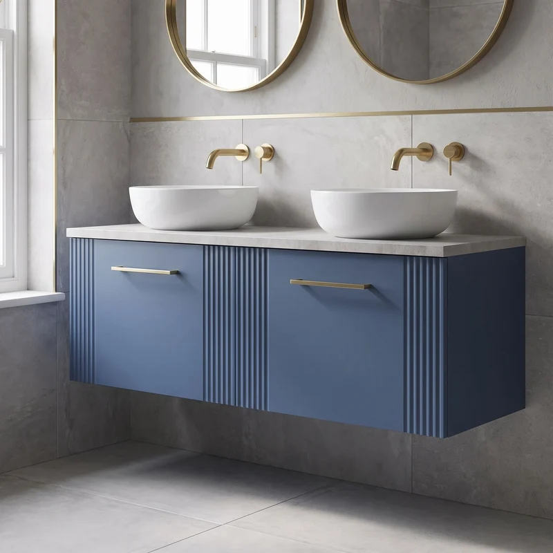 Deco 1200mm Wall Hung 2 Drawer Vanity Unit & Bellato Grey Laminate Worktop - Blue Satin