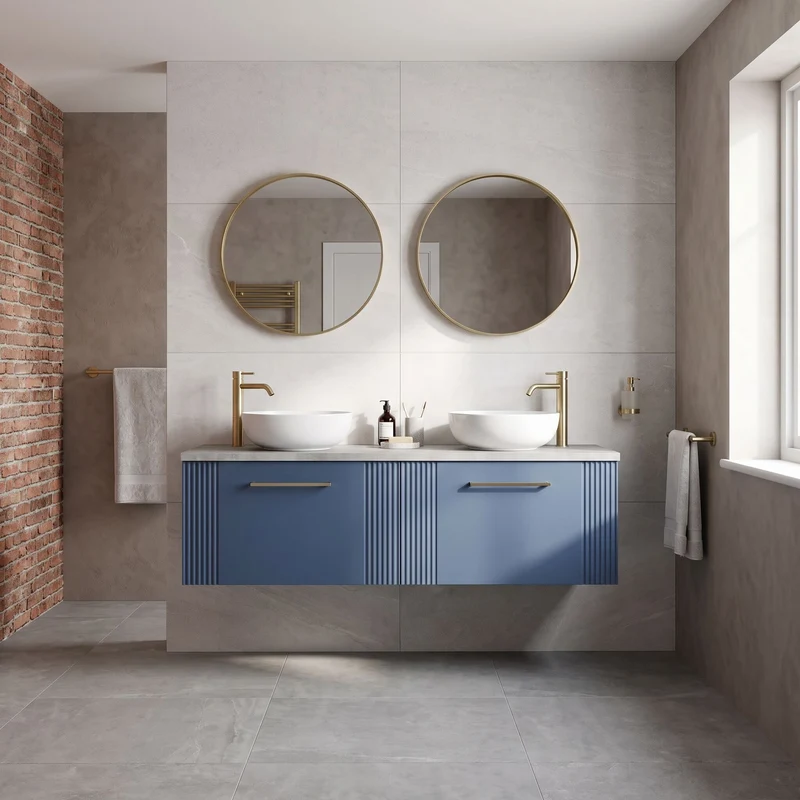 Deco 1200mm Wall Hung 2 Drawer Vanity Unit & Bellato Grey Laminate Worktop - Blue Satin