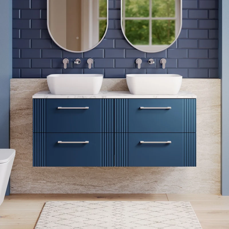 Deco 1200mm Wall Hung 4 Drawer Vanity Unit & Carrera Marble Laminate Worktop - Blue Satin