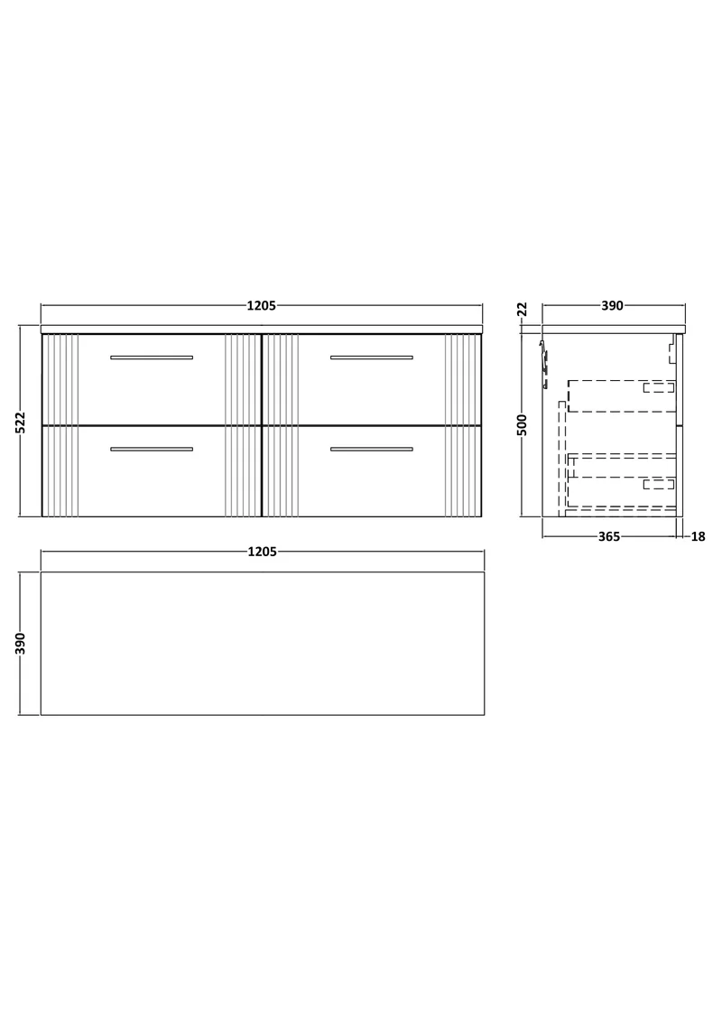 Deco 1200mm Wall Hung 4 Drawer Vanity Unit & Carrera Marble Laminate Worktop - Blue Satin