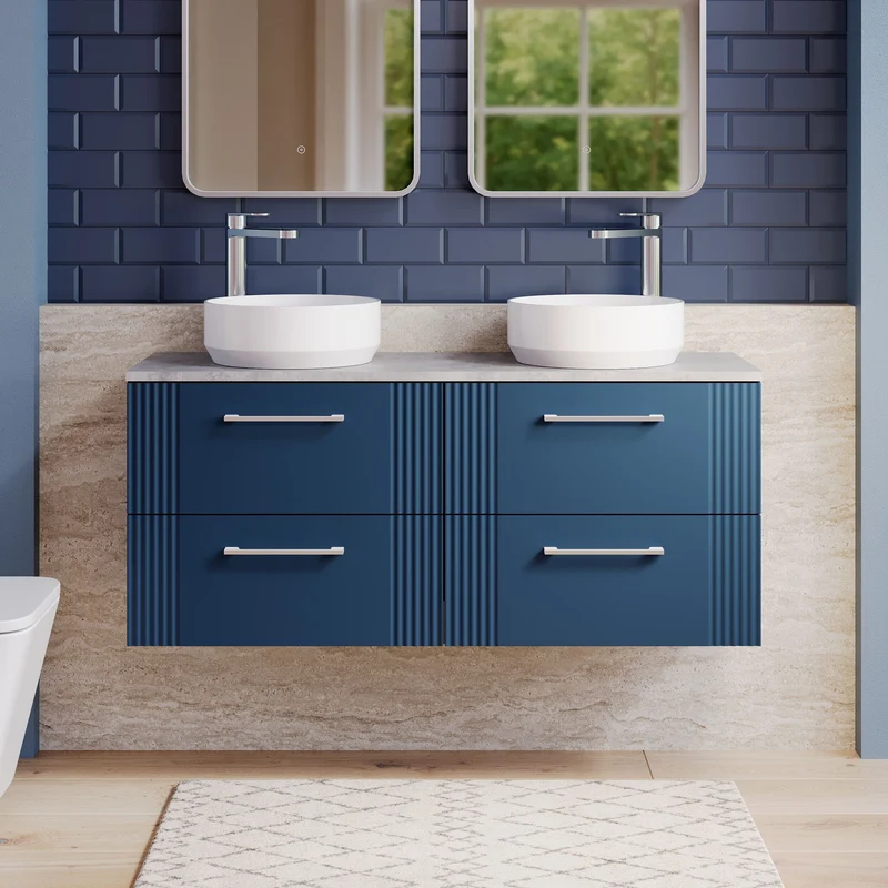 Deco 1200mm Wall Hung 4 Drawer Vanity Unit & Bellato Grey Laminate Worktop - Blue Satin