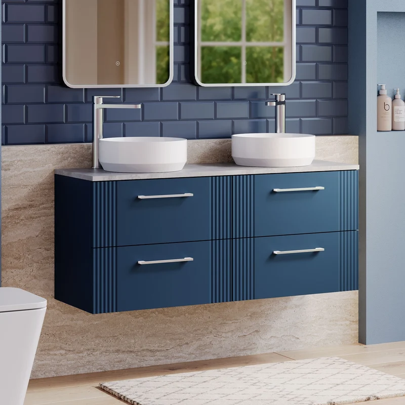 Deco 1200mm Wall Hung 4 Drawer Vanity Unit & Bellato Grey Laminate Worktop - Blue Satin