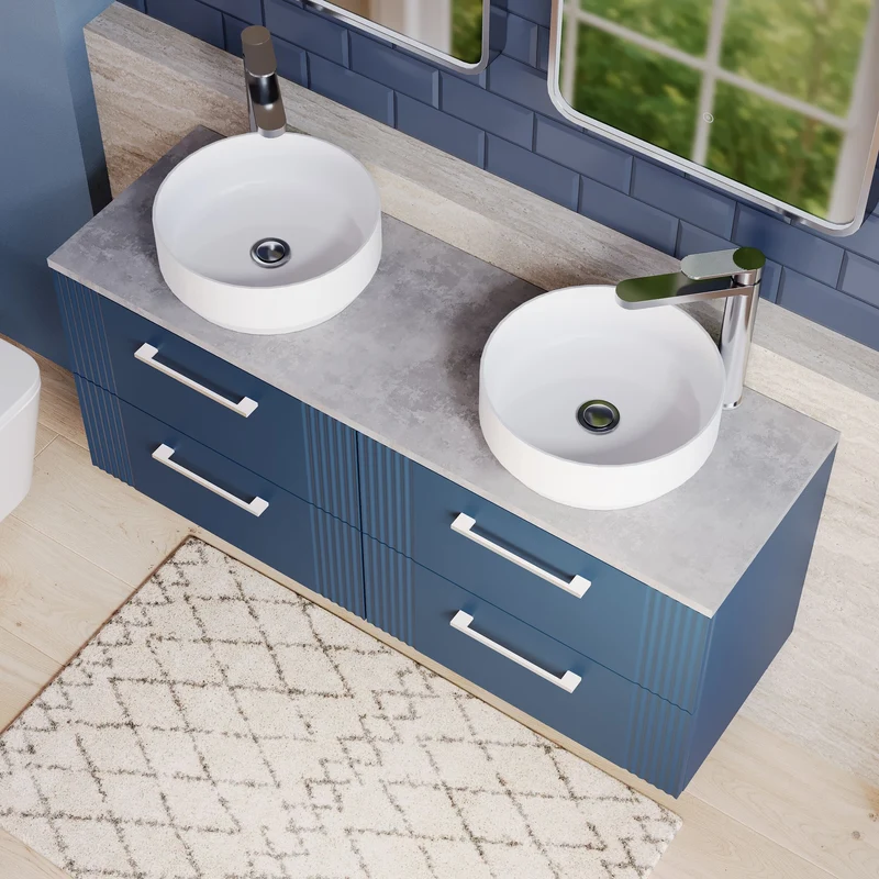 Deco 1200mm Wall Hung 4 Drawer Vanity Unit & Bellato Grey Laminate Worktop - Blue Satin