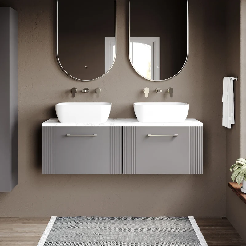 Deco 1200mm Wall Hung 2 Drawer Vanity Unit & Carrera Marble Laminate Worktop - Grey Satin