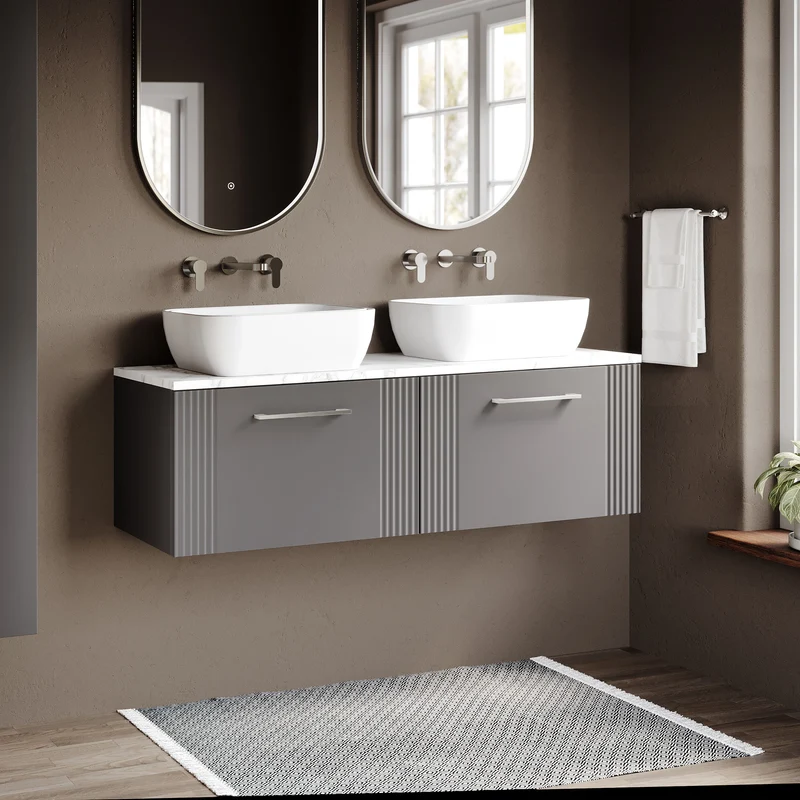 Deco 1200mm Wall Hung 2 Drawer Vanity Unit & Carrera Marble Laminate Worktop - Grey Satin