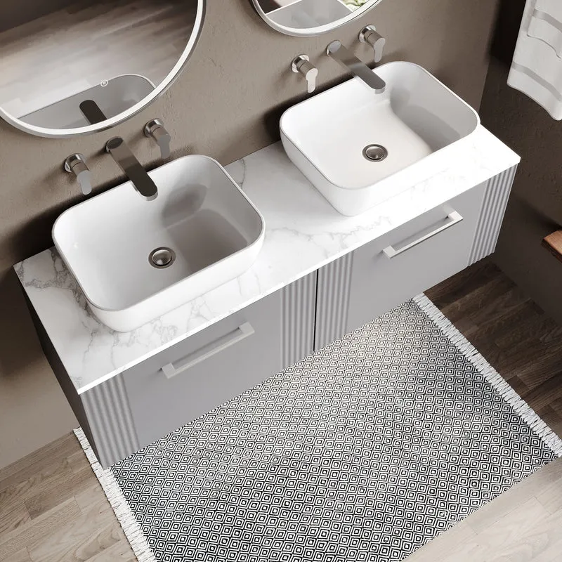 Deco 1200mm Wall Hung 2 Drawer Vanity Unit & Carrera Marble Laminate Worktop - Grey Satin
