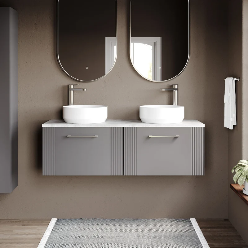 Deco 1200mm Wall Hung 2 Drawer Vanity Unit & Bellato Grey Laminate Worktop - Grey Satin