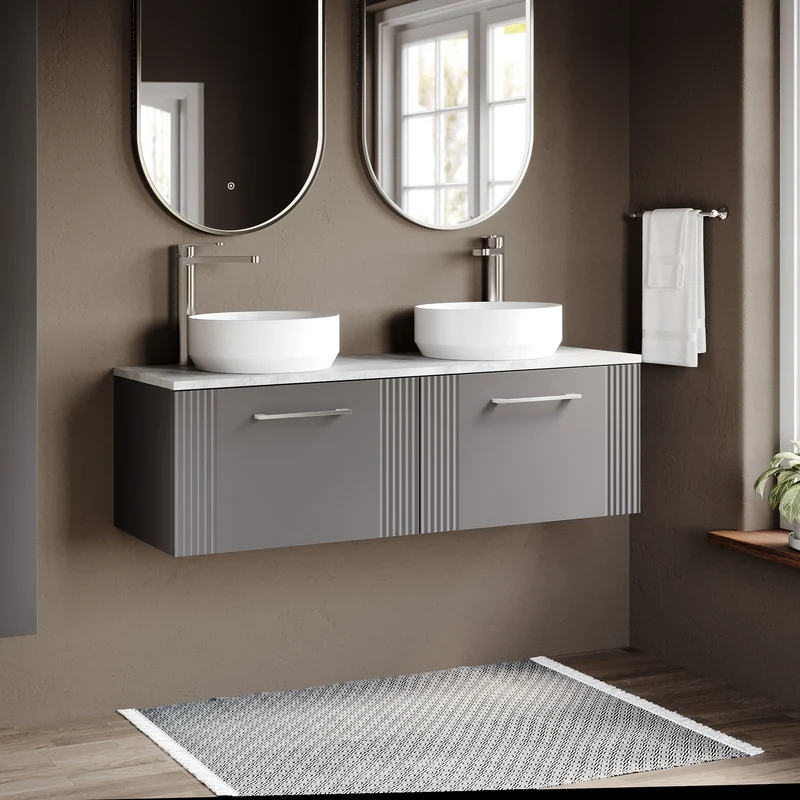 Deco 1200mm Wall Hung 2 Drawer Vanity Unit & Bellato Grey Laminate Worktop - Grey Satin