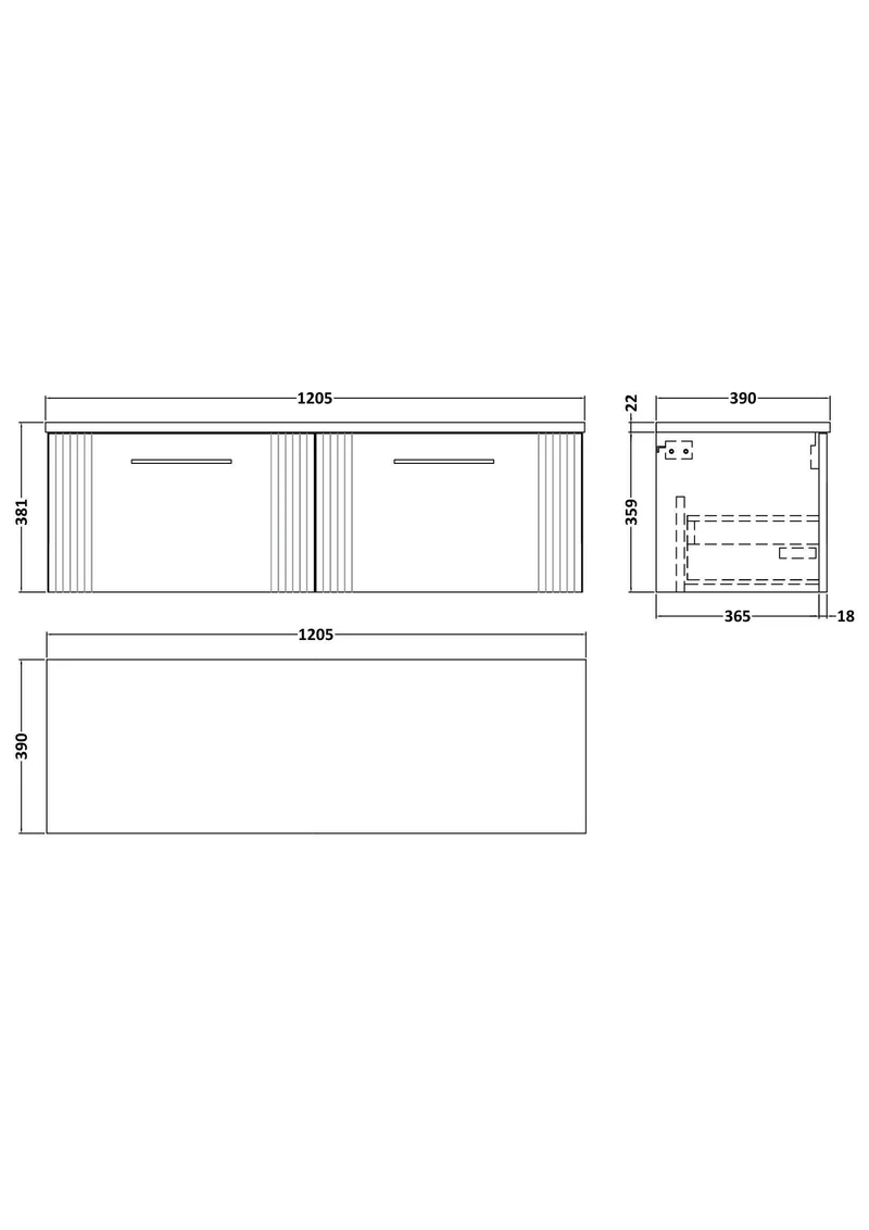 Deco 1200mm Wall Hung 2 Drawer Vanity Unit & Bellato Grey Laminate Worktop - Grey Satin