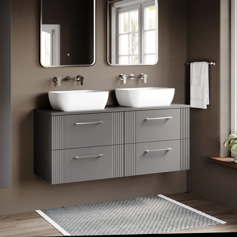 Deco 1200mm Wall Hung 4 Drawer Vanity Unit & Worktop - Grey Satin