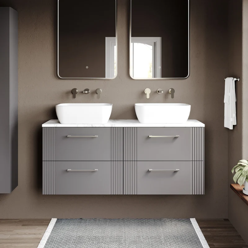 Deco 1200mm Wall Hung 4 Drawer Vanity Unit & Carrera Marble Laminate Worktop - Grey Satin