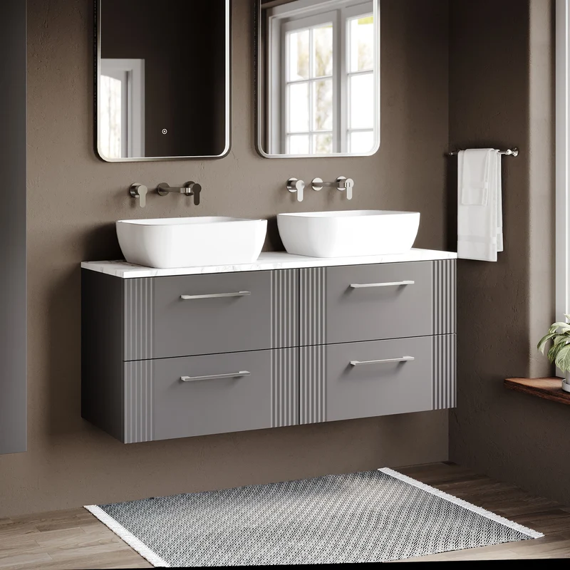Deco 1200mm Wall Hung 4 Drawer Vanity Unit & Carrera Marble Laminate Worktop - Grey Satin
