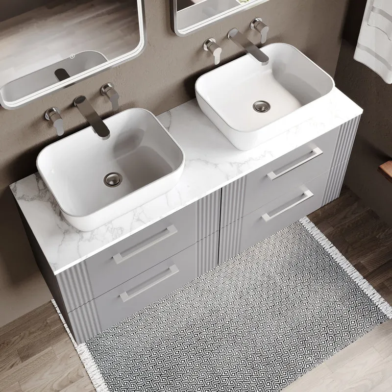 Deco 1200mm Wall Hung 4 Drawer Vanity Unit & Carrera Marble Laminate Worktop - Grey Satin