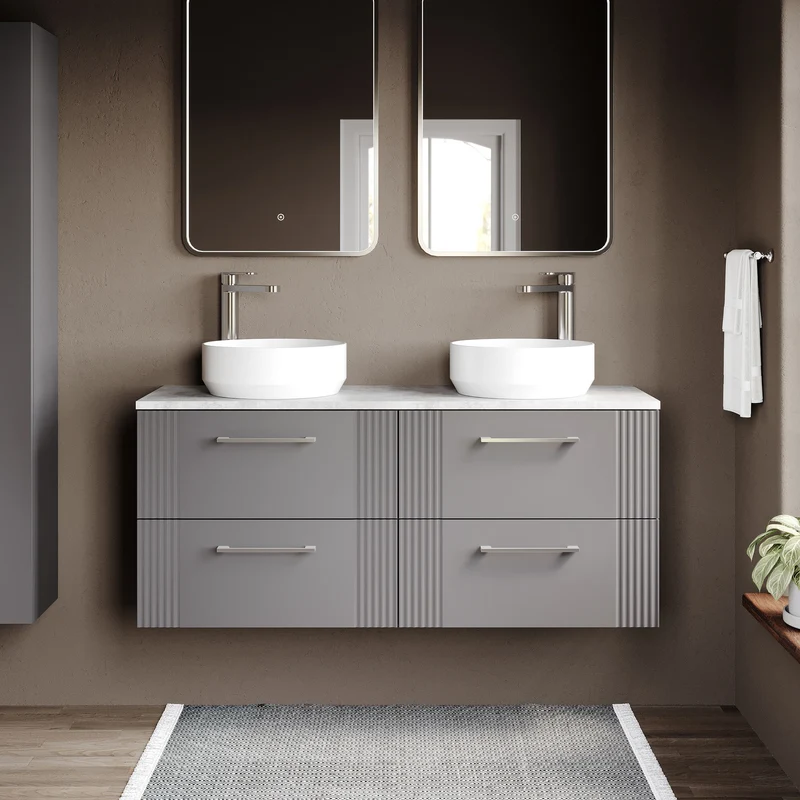 Deco 1200mm Wall Hung 4 Drawer Vanity Unit & Bellato Grey Laminate Worktop - Grey Satin