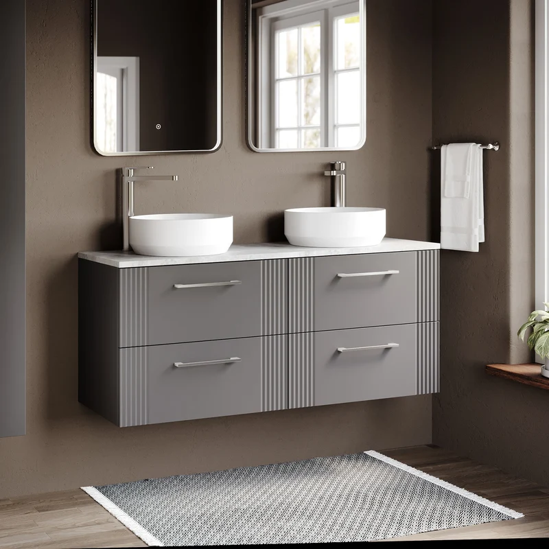 Deco 1200mm Wall Hung 4 Drawer Vanity Unit & Bellato Grey Laminate Worktop - Grey Satin