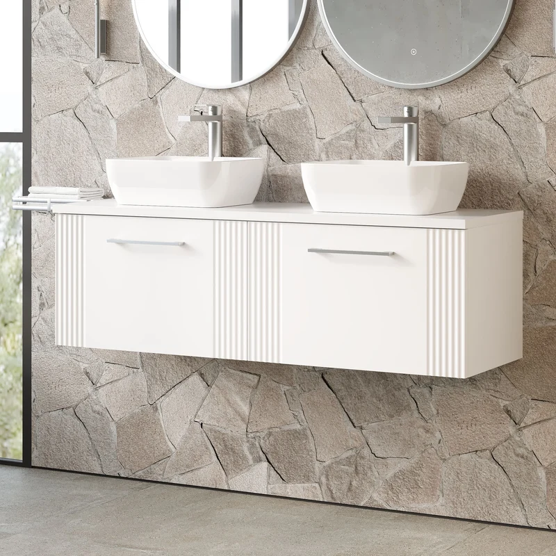 Deco 1200mm Wall Hung 2 Drawer Vanity Unit & Worktop - White Satin