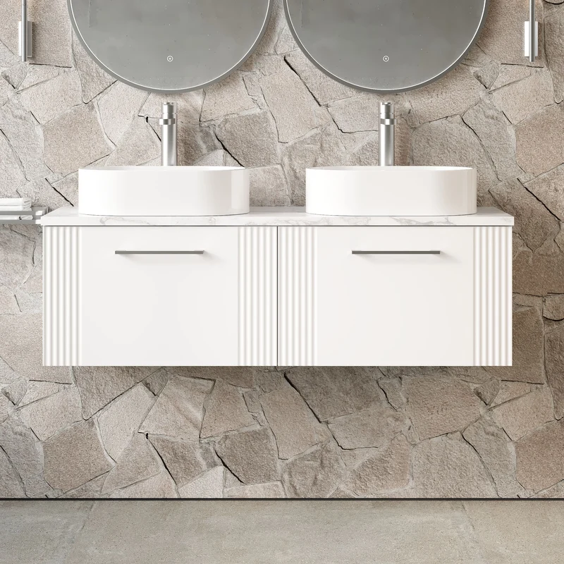 Deco 1200mm Wall Hung 2 Drawer Vanity Unit & Carrera Marble Laminate Worktop - White Satin