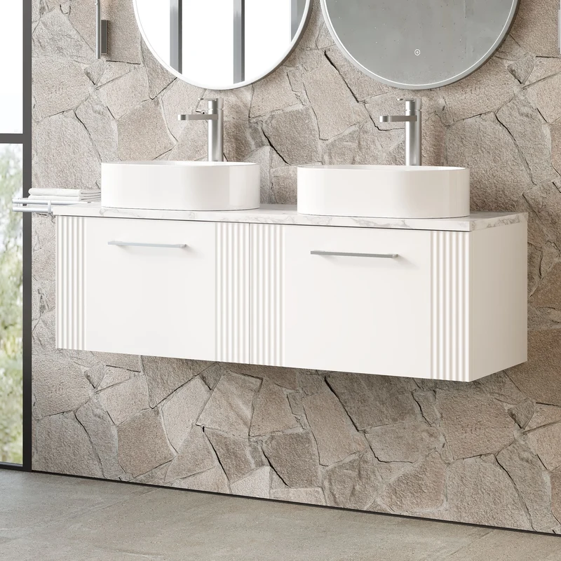 Deco 1200mm Wall Hung 2 Drawer Vanity Unit & Carrera Marble Laminate Worktop - White Satin