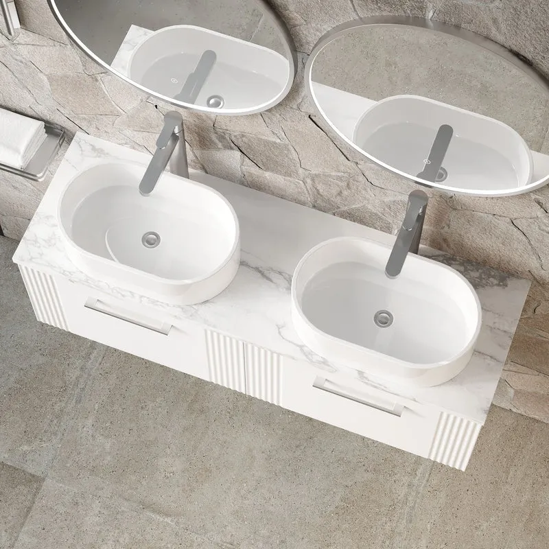 Deco 1200mm Wall Hung 2 Drawer Vanity Unit & Carrera Marble Laminate Worktop - White Satin