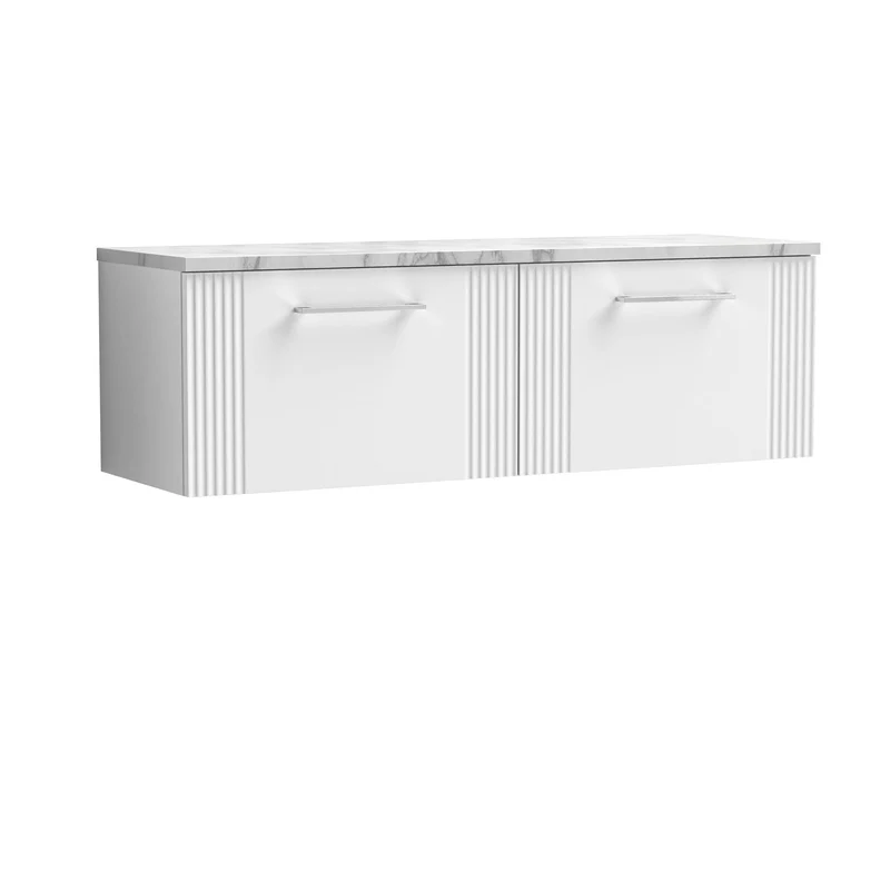 Deco 1200mm Wall Hung 2 Drawer Vanity Unit & Carrera Marble Laminate Worktop - White Satin