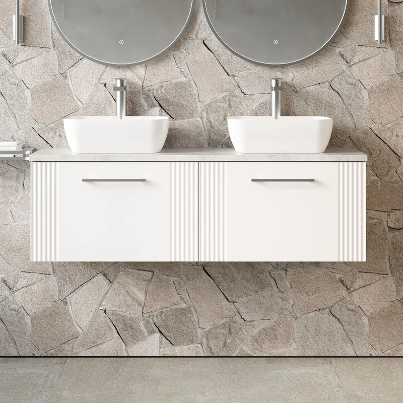 Deco 1200mm Wall Hung 2 Drawer Vanity Unit & Bellato Grey Laminate Worktop - White Satin