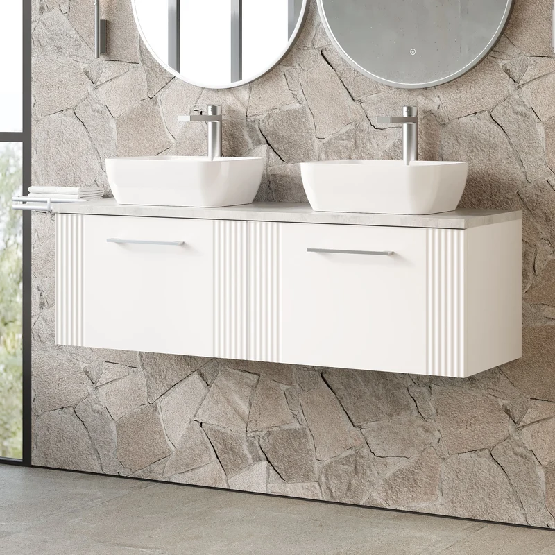 Deco 1200mm Wall Hung 2 Drawer Vanity Unit & Bellato Grey Laminate Worktop - White Satin