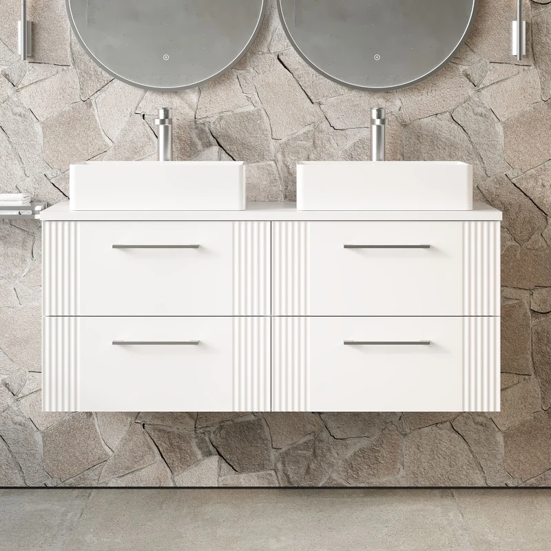 Deco 1200mm Wall Hung 4 Drawer Vanity Unit & Worktop - White Satin